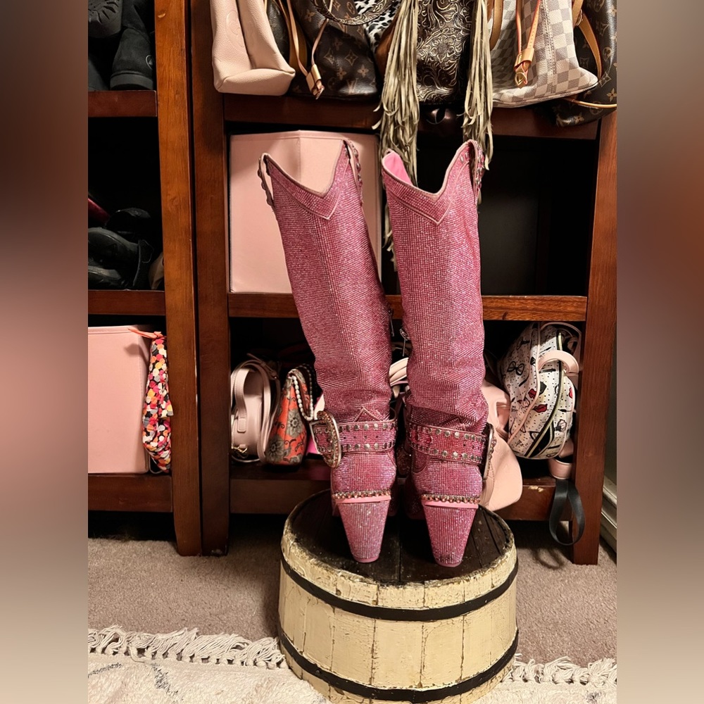 Dolls Kill Sugar Thrillz Sheriff Shine Knee High Cowboy Boots Pink - Picture 4 of 8
